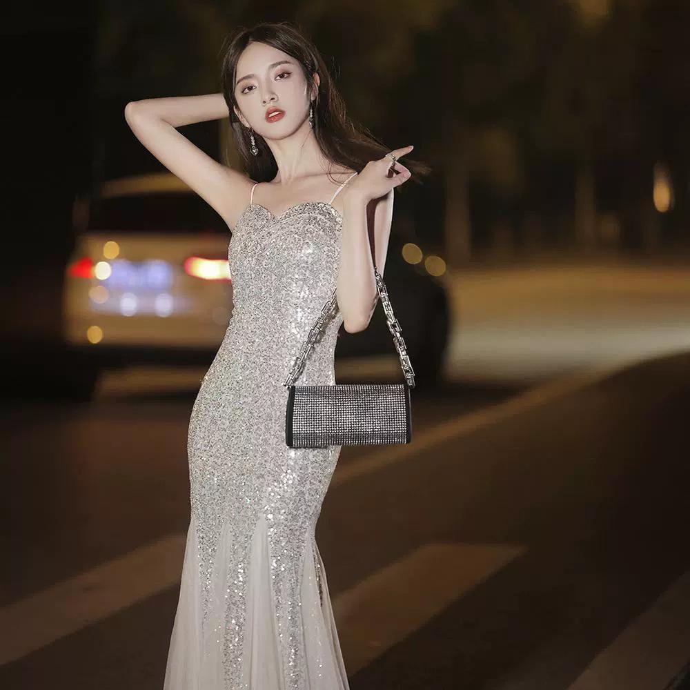 Waist fishtail evening dress new banquet temperament silver suspender niche long sequined host dress