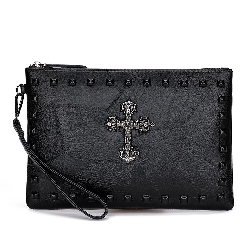 Men's Envelope Handbag Wallet Personalized Punk Rivet Shoulder Messenger Bag Black Portable Lightweight Handbag