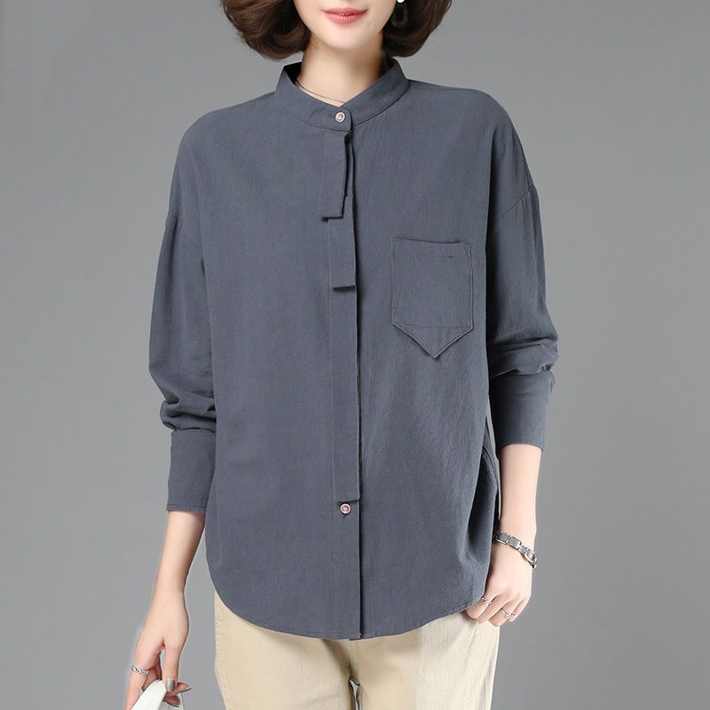 Women Khaki Stand Collar Asymmetrical Placket Long Sleeve Linen Shirt M серый