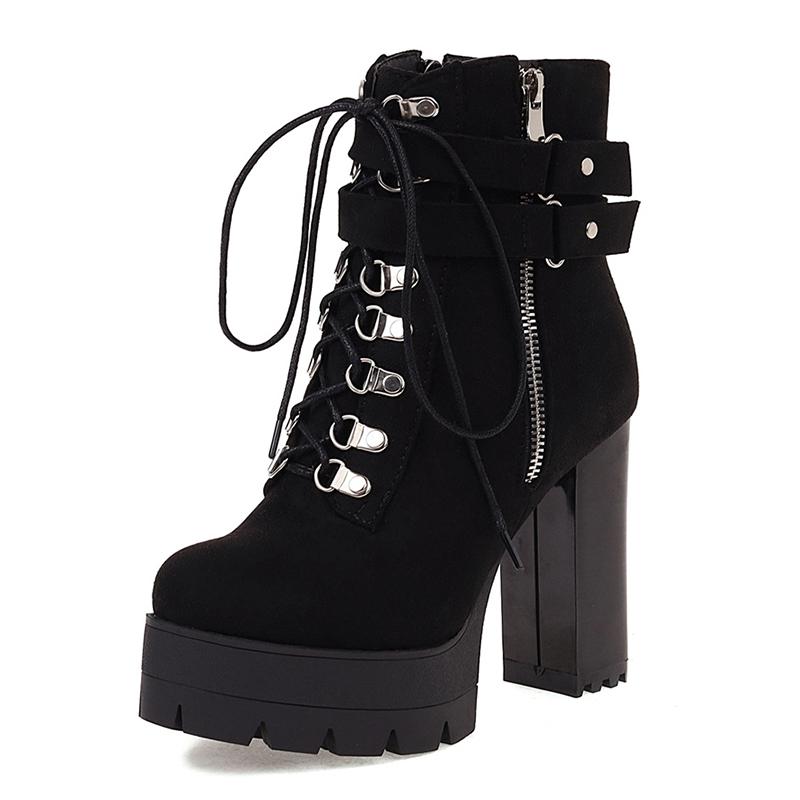 Belt Buckle Ankle Boots - High Platform Cross - Tied Zip, Office Lady Autumn Street Style Plus Size