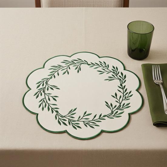 Yousheng Embroidered Placemat Washable Durable Canvas Dining Mat 38cm Olive Branch Embroidery Table Mat Heat Resistant Non-Slip Table Protector for