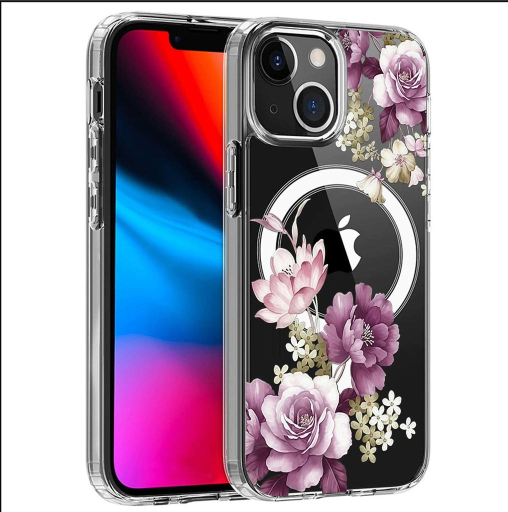 Purple Flower Magnetic Case for iPhone 15/16/17 Pro Max - Transparent Full Coverage