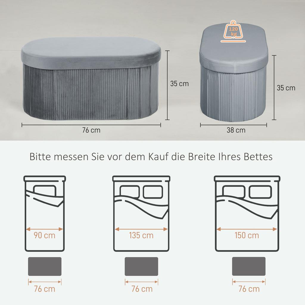 Foldable storage bench/upholstered bench with velvet look for living room, 76 x 38 x 35 cm, dark gray