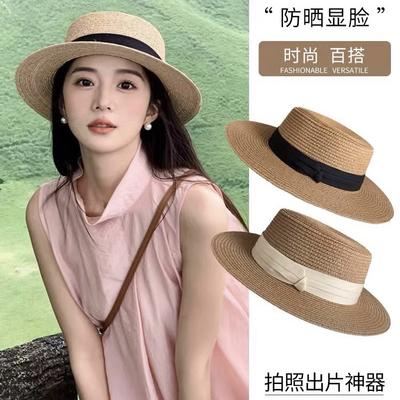 New French Flat-top Straw Hat Women's Big Head Circumference Seaside Beach Top Hat Woven Sun Hat Summer