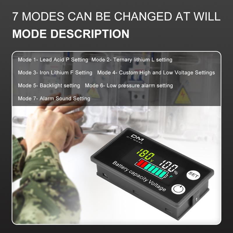 6133A 2-Wire Voltmeter DC 8V-100V LCD Battery Capacity Indicator Power Meter with Temperature Alarm 12V, 36V, 48V, 60V, 72V, 84V