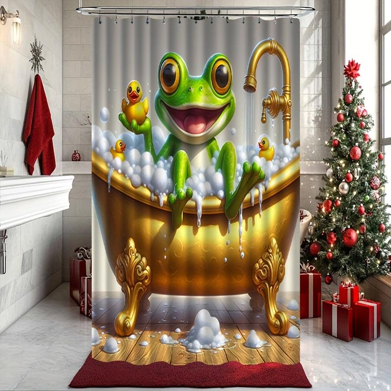 Funny Frog Shower Curtain Bathtub With Rubber Ducks Bath Time Art Kids Decor Waterproof Fabric Bathroom Curtain Set Home