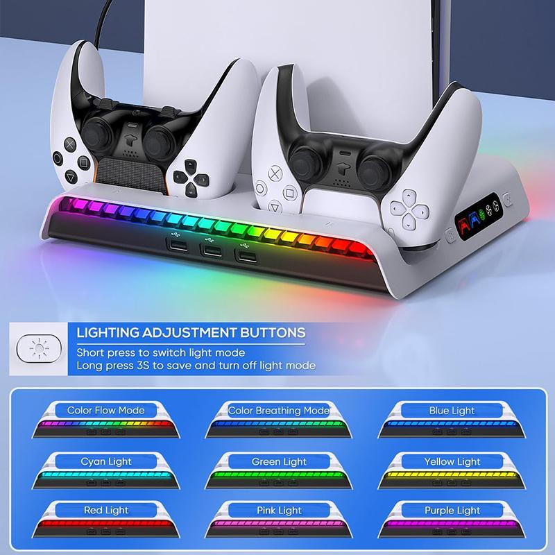 Charging Stand for NEW PS5 Slim Cooling Fan Station for DualSense/Edge Controller with RGB Light Headset Hook 3 USB Hubs