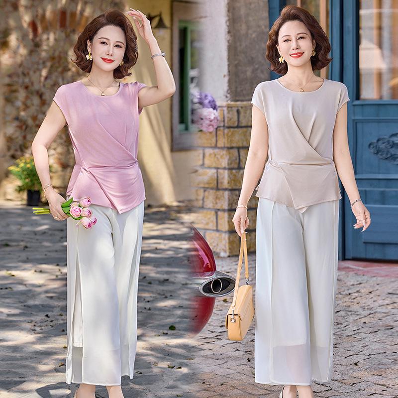 Summer Fashion Two-Piece Set: Stylish Wide-Leg Pants & Top for Middle-Aged Women