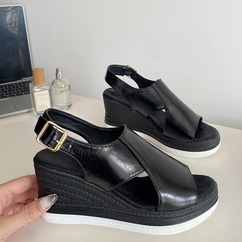 Summer fashion sandals large size one-word buckle with muffin wedge heel platform beach sandals