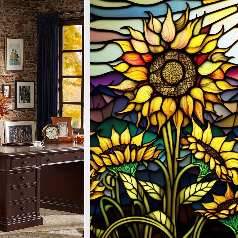 Colorful Retro Floral & Bird Static Cling Window Film - No Glue, Removable