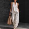 Women's Loose Solid Color Halter V Neck Sleeveless Tank Top Wide Leg Pants Casual Two Piece Outfit Set