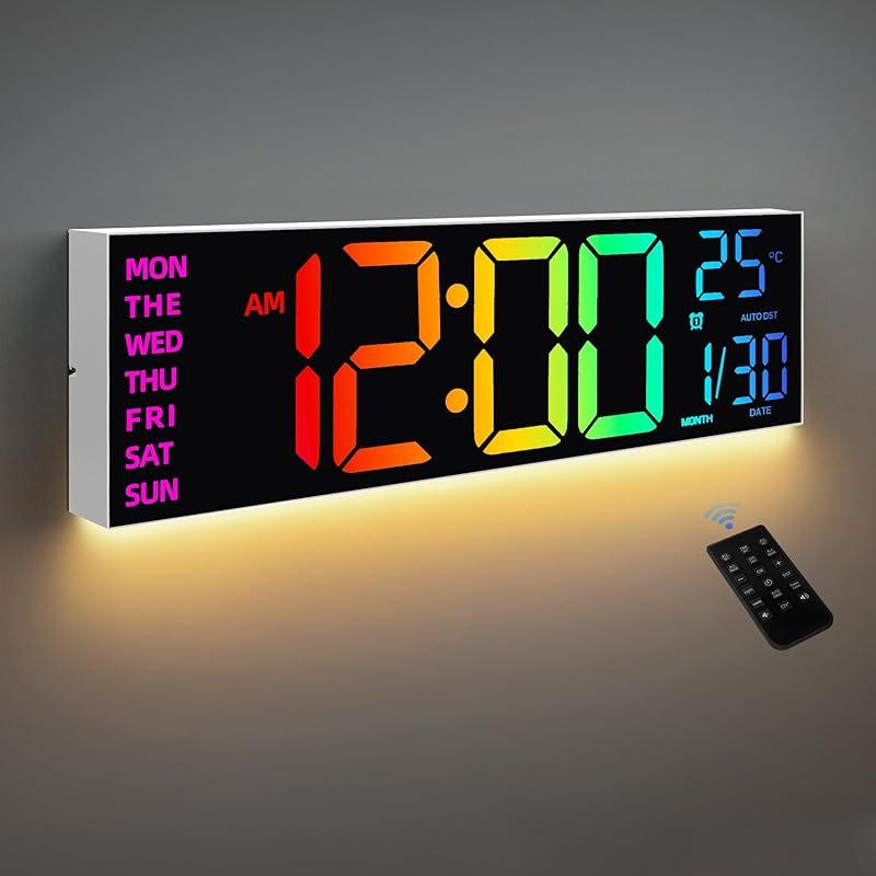 8 Colors Digital Wall Clock, 16.2" Large Digital Clock with Temperature, Date, Auto DST, Night Light, Auto Brightness Dimmer, 24/12-hour Wall Clock