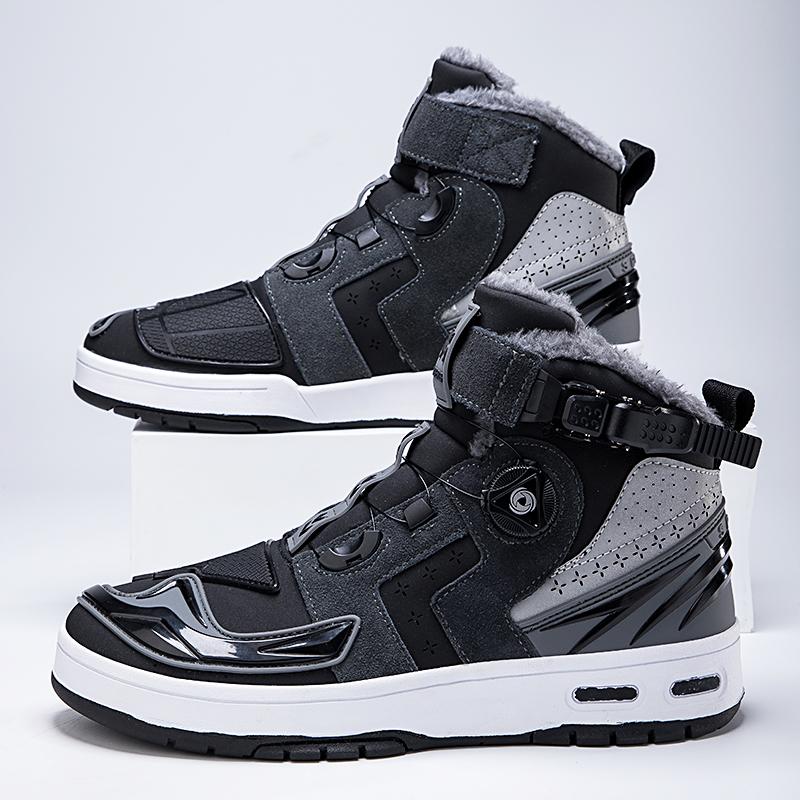 Autumn/Winter UNISEX Plus Velvet Motorcycle Boots Large Size Rotating Buttons Deoxy Leather Anti -sliding Collision Ride Boots Sneaker for Men