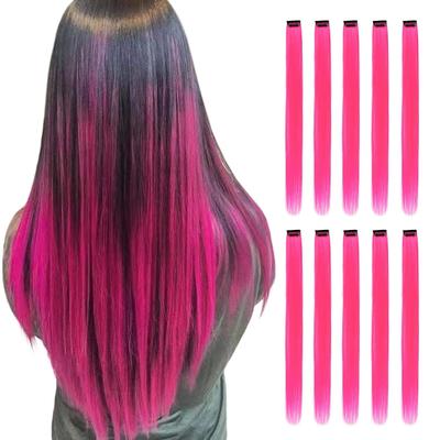 Long Straight Synthetic Black Hair Extensions Clip In  Colored Party Highlights Hairpieces for Women Kids Girls