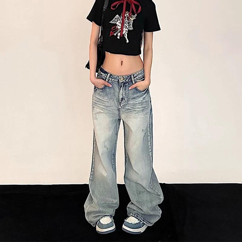 Y2K-pantalones vaqueros holgados Retro para mujer, ropa de calle Vintage, pantalones vaqueros de gran tamaño, pantalones de pierna ancha rectos Hippie ajustados, estilo coreano