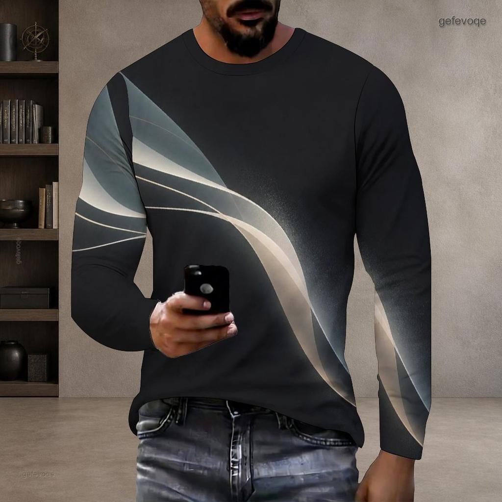 Men Plus Size Round Neck Long Sleeve Printed T Shirt Black Gold Blue Casual Pullover