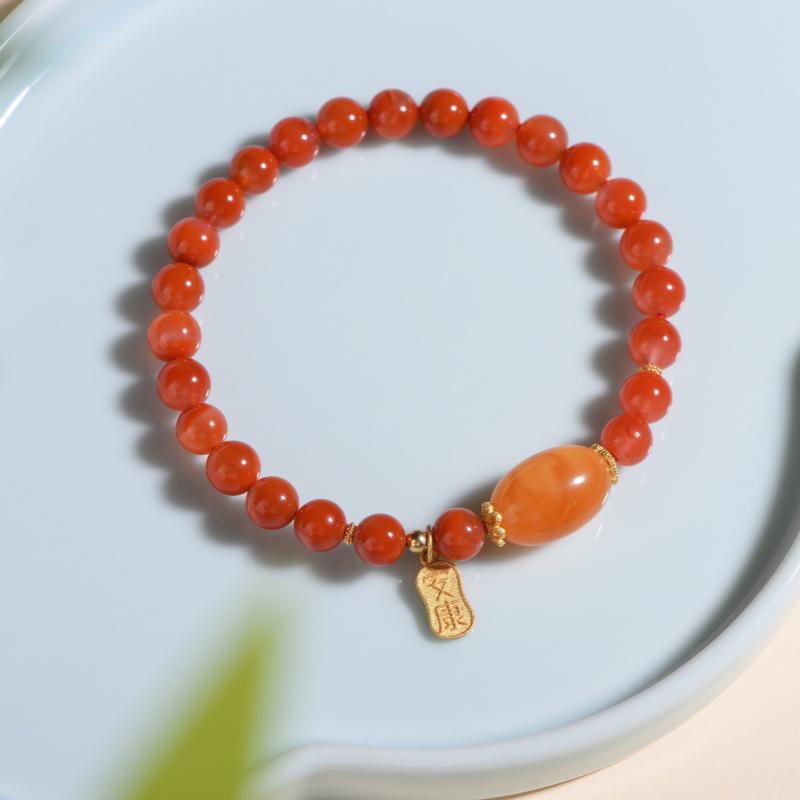 

Оригинальный браслет из натурального южного красного агата «Ледяной плавающий» и бусин медового янтаря для женщин