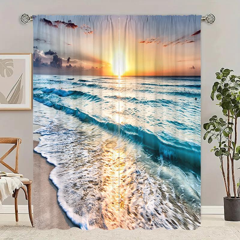 2 pieces, polyester material, ocean landscape curtain, tropical beach landscape printed curtain rod, pocket landscape curtain
