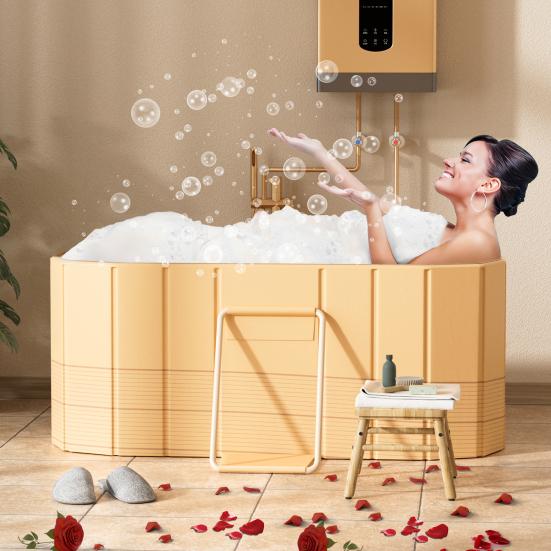 Badewanne für Erwachsene 120CM Tragbar Faltbar mit Thermodeckel Metallgestell, 5 Schichten Verdickt Bade-Wanne für Kinder Erwachsene, Robust