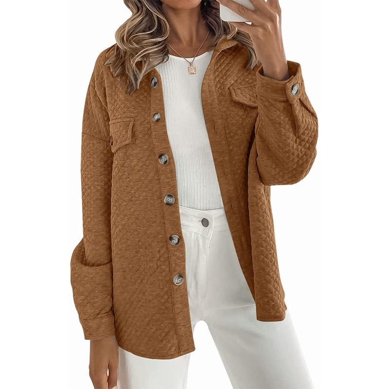 Womens Solid Color Diamond Pocket Casual Buttoned Collared Jacket