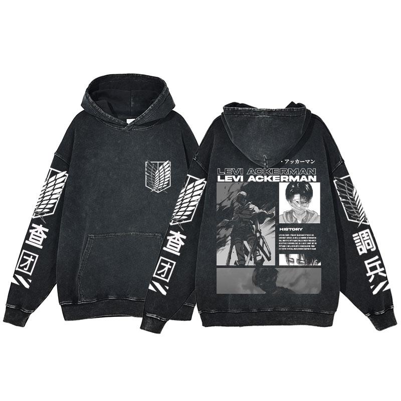 Attack On Titan Roupas de Anime Levi Ackerman Gráfico Moletom com Capuz Masculino Feminino Algodão Moletons Retrô Lavado Moletom Harajuku Streetwear