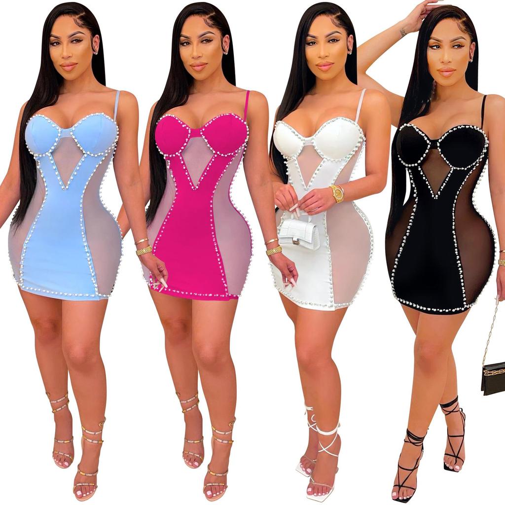 X5047 European-American Fashion Spaghetti Strap Mesh Bodycon Dress