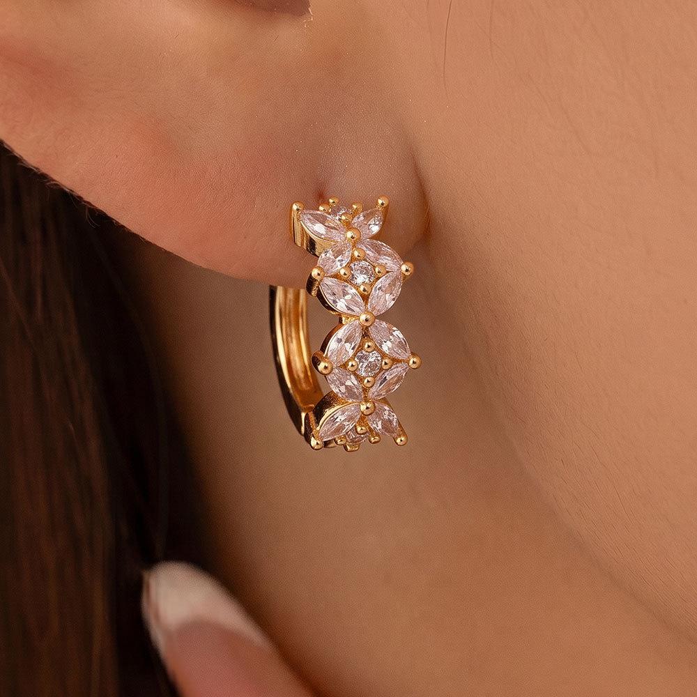 18K Gold-Plated Exquisite Wheat Hoop Earrings with Zirconia Leaves for Women