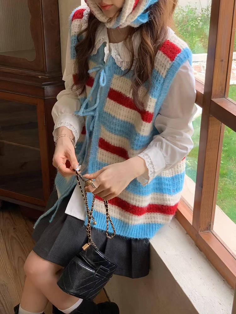 

Женский свитер-жилет в корейском стиле с цветными блоками и полосками - 2025 Осень/Зима Многослойный Без рукавов Маленький Трикотаж с Повязкой на голову One size fits 80-125 синий