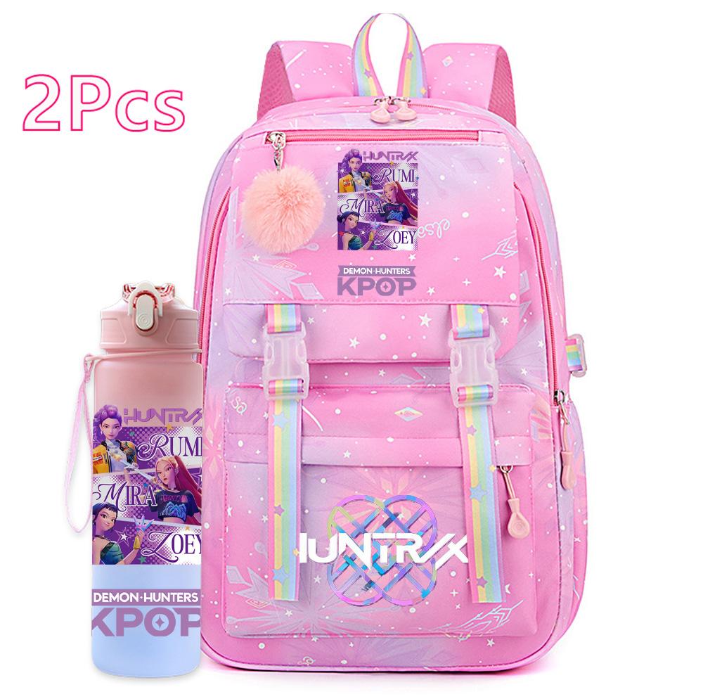 2Pcs/set Cartoon Kpop Printed Backpack with 750Ml Water Bottler for Teenager Girl Boy Bookbag Kid Gift Large Capacity Travel Bag Mochila