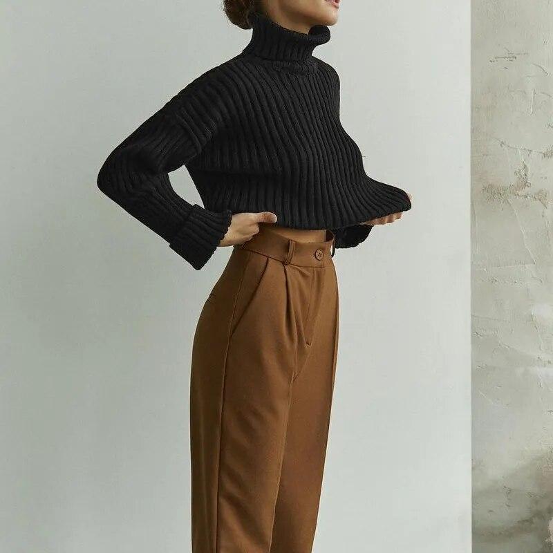 2023 осень/зима, мягкий свитер с воротником, повседневный удобный пуловер с длинными рукавами, модный однотонный свободный белый джемпер 29459 S чёрный