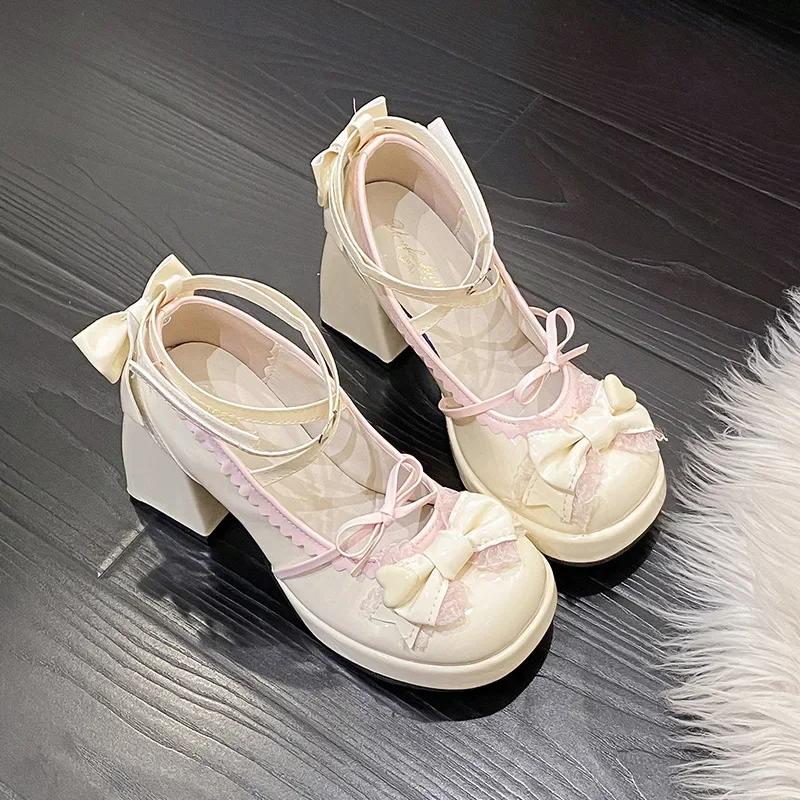 Fashion Thick Heel High Heels Cute Bow Knot Women's Shoes Sweet Lolita Water-Proof Platform Summer Flat Shoes round Toe Loafers