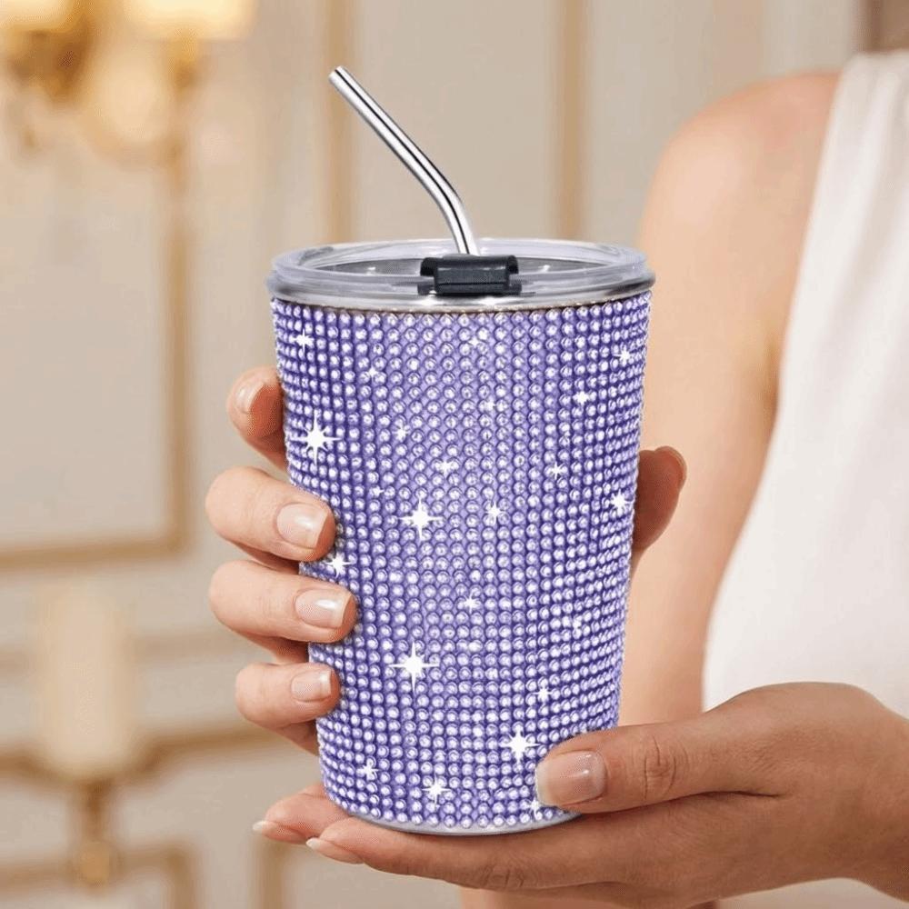 500ml Rhinestone Water Cup Sparkling Reusable Stainless Steel Water Bottle with Lid Straw Unbreakable Creative Straw Cup Office
