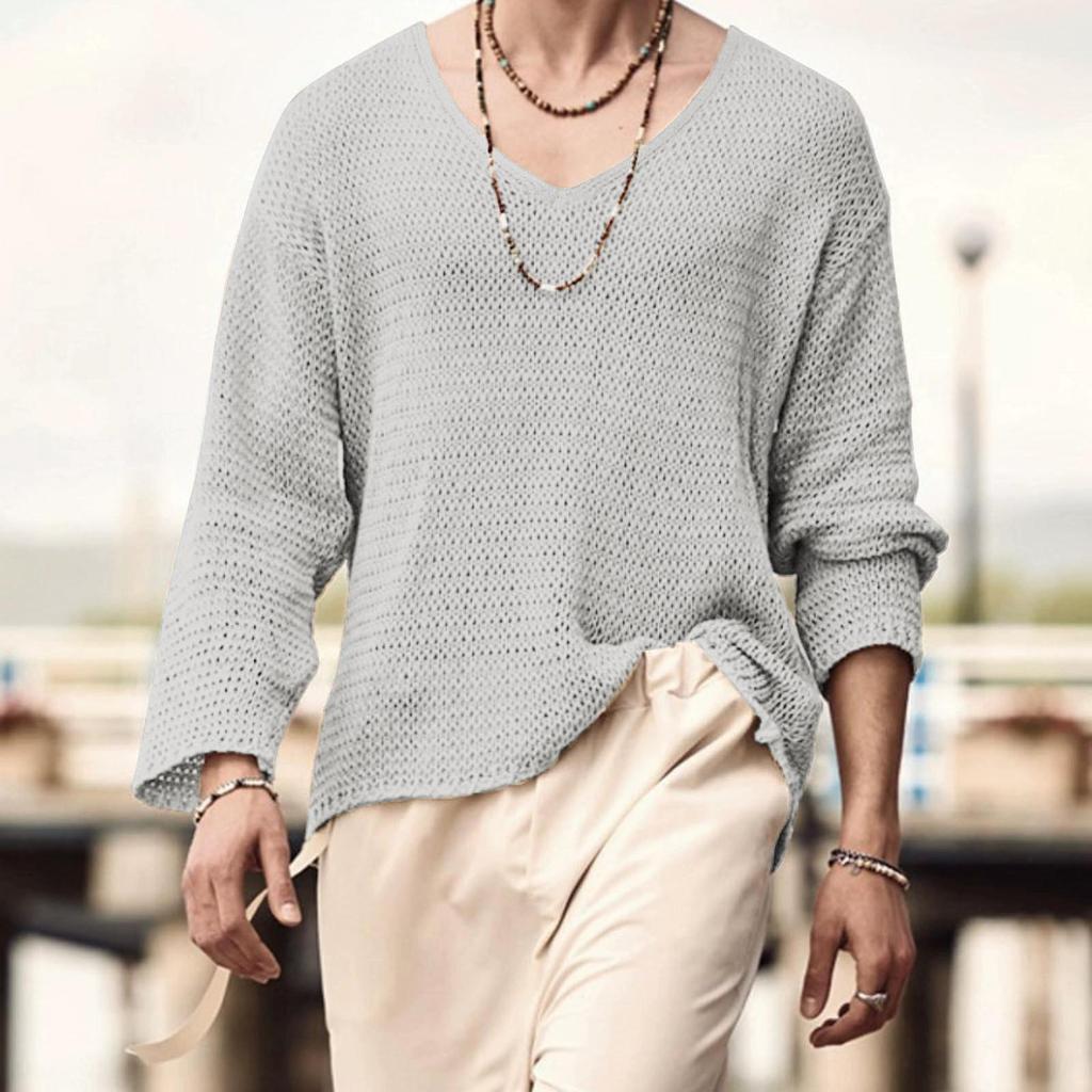 Maglia da uomo a V a maniche lunghe tinta unita vintage primaverile Maglione lavorato a maglia cavo da uomo morbido