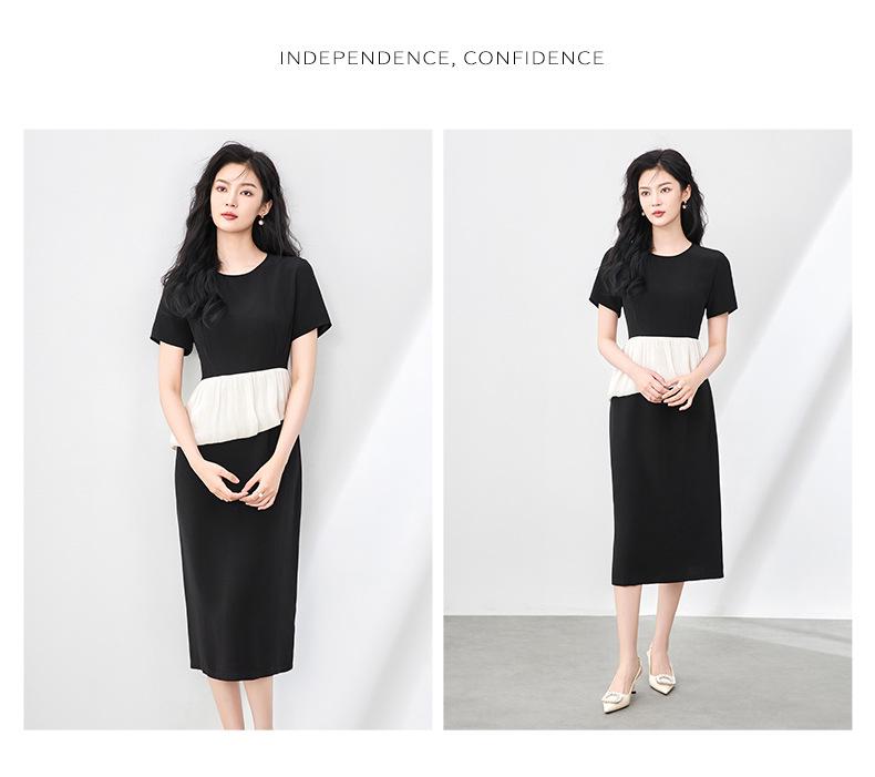 Women's Summer Satin Panel Ruffle Short Sleeve Dress - Bright Silk Waist-Gathering