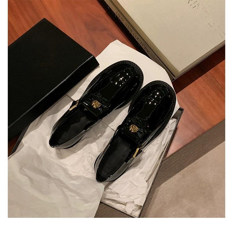 Cowhide Version~ French Retro Mary Jane Small Leather Shoes Women's Camellia with Gold Coins Loafers Genuine Leather Single Shoes