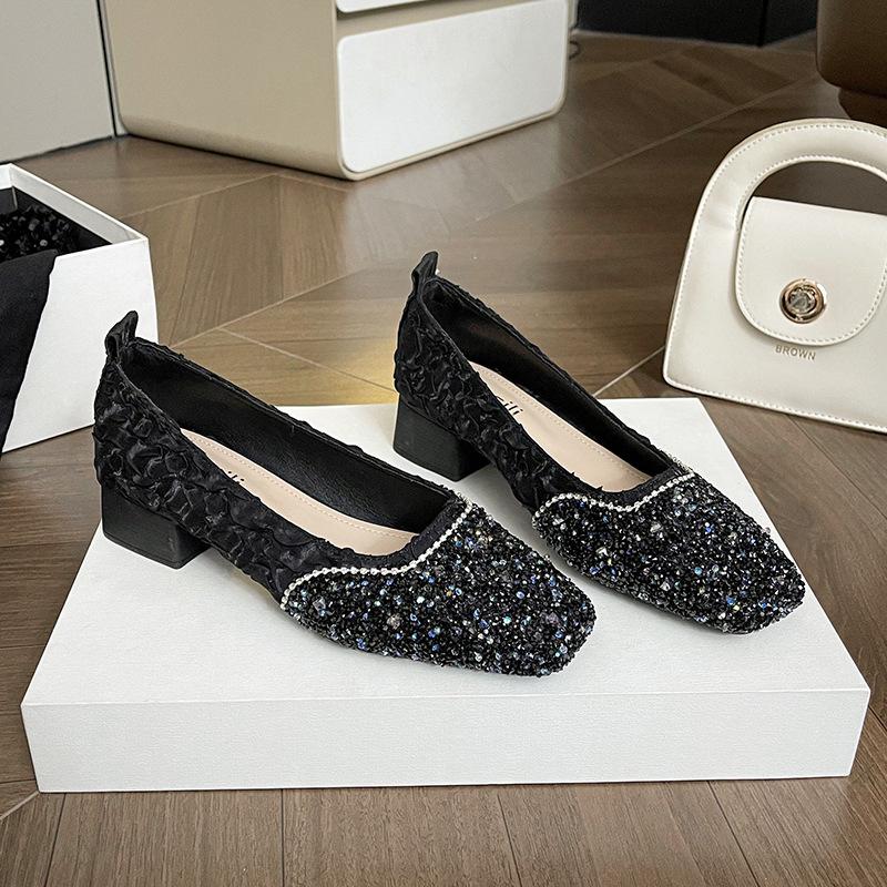 

Темпераментные туфли со стразами женские летние новые на толстом каблуке с открытой носочной частью под юбку туфли-лодочки удобные 37 чёрный