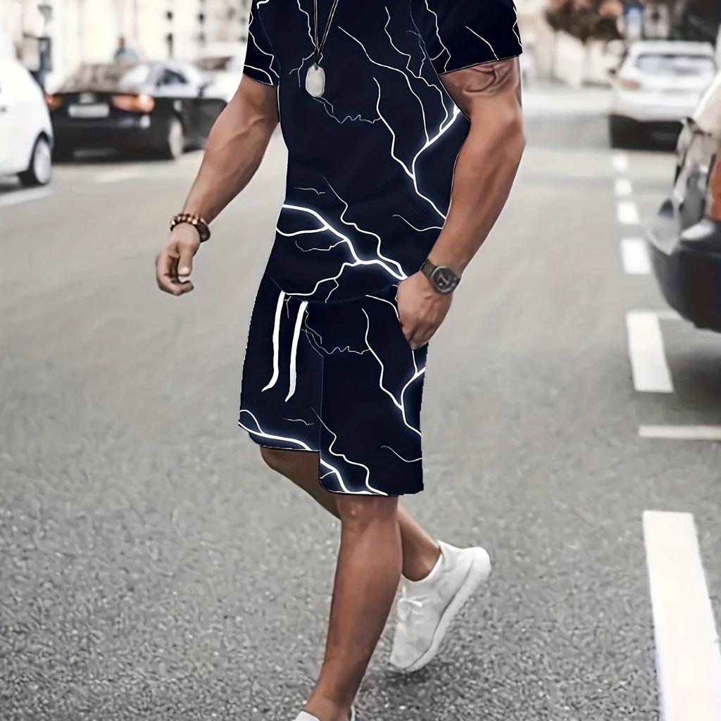2-Piece Mens Summer Outfit Set - Breathable Short Sleeve Crew Neck T-shirt and Functional Sports Shorts with
