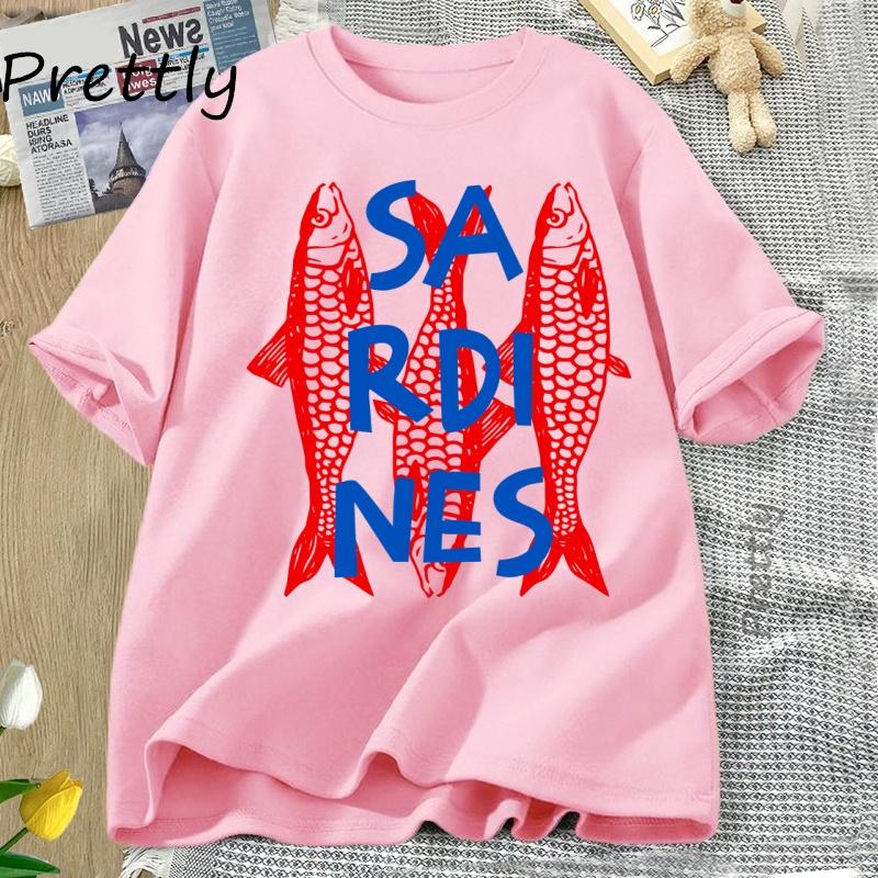 Sardines Graphic Tee Trendy Fish T-shirt Casual Short Sleeve Cotton T Shirt Streetwear Round Neck Tshirt Streetwear Cool Tees
