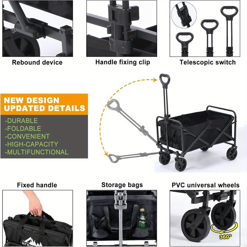 Zusammenklappbarer Faltstrandwagen, Nutzfahrzeug mit großer Kapazität, faltbarer Wagen mit Geländerädern, Lebensmitteleinkaufswagen