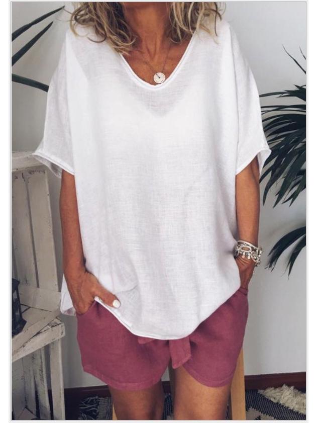 Summer Casual Cotton Linen T-Shirt: Solid Color, Loose Fit, Short Sleeve