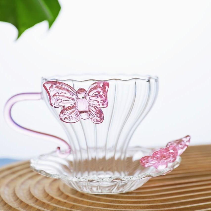 

Single Layer Transparent Glass Tea Set Coffee Cup with Coaster Chinese Simple Striped Narcissus Lady Pink Gift Box 51-100ML