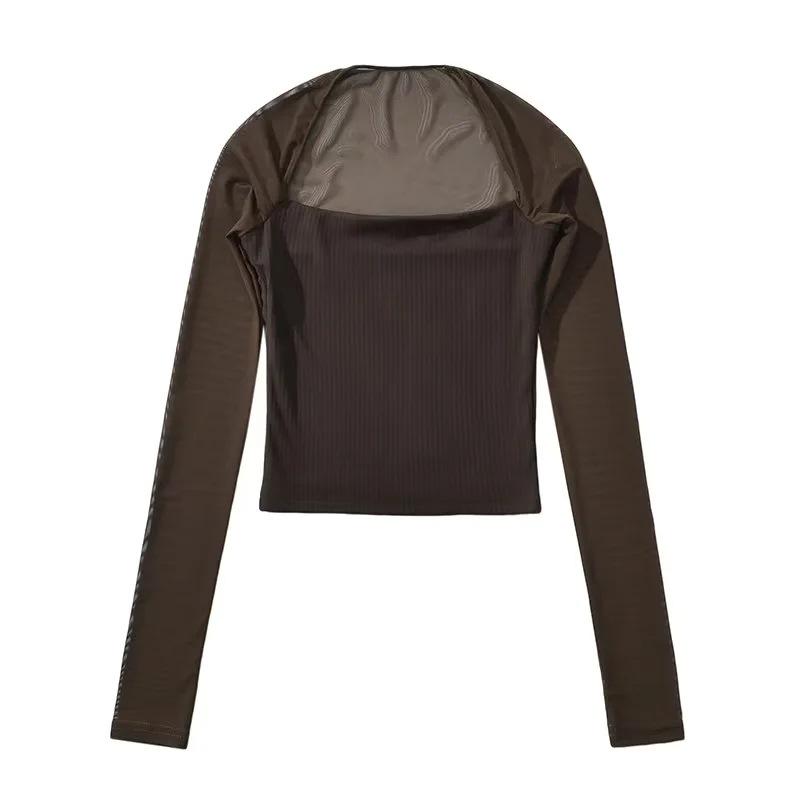 Women s Spicy American Chic Patchwork Mesh Square Neck Long Sleeve Top Large кофейный