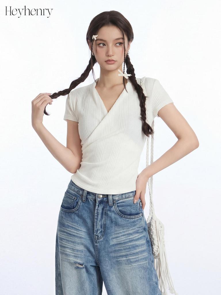 HeyHenry Women's Elegant Slim Fit V-neck Short-sleeve T-shirt