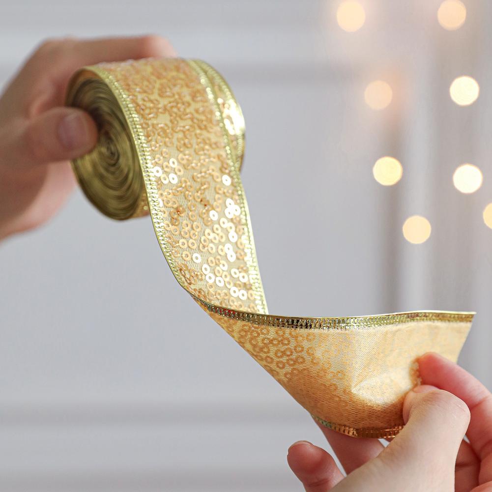 Christmas Decorative Satin Ribbon 38mm by 2 meters Fabric with Sparkling Sequins for Wrapping and Bow Crafting