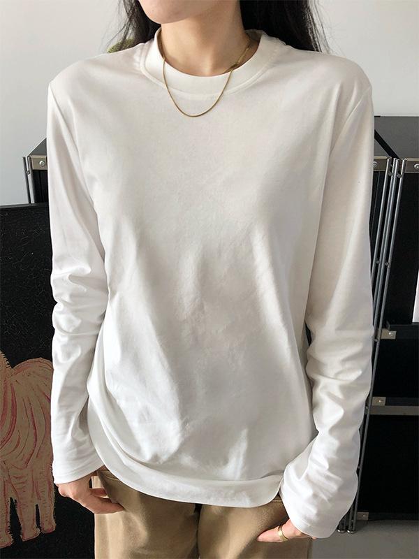 2026 Spring Women's Slimming Loose-Fit Solid Color Long Sleeve Round Neck T-Shirt