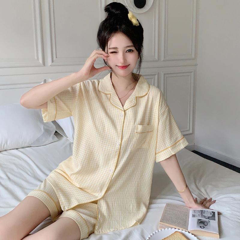 Summer Women Short Sleeve Top and Shorts 2 Piece Set Pajamas Female Thin Cotton Fashion Sleepwear Pink Plaid Cardigan Pyamas Set