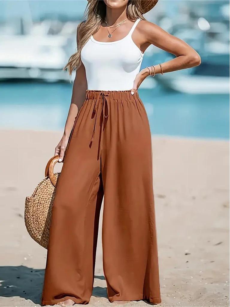 Women's Wide-Leg Solid Color Casual Polyester Pants