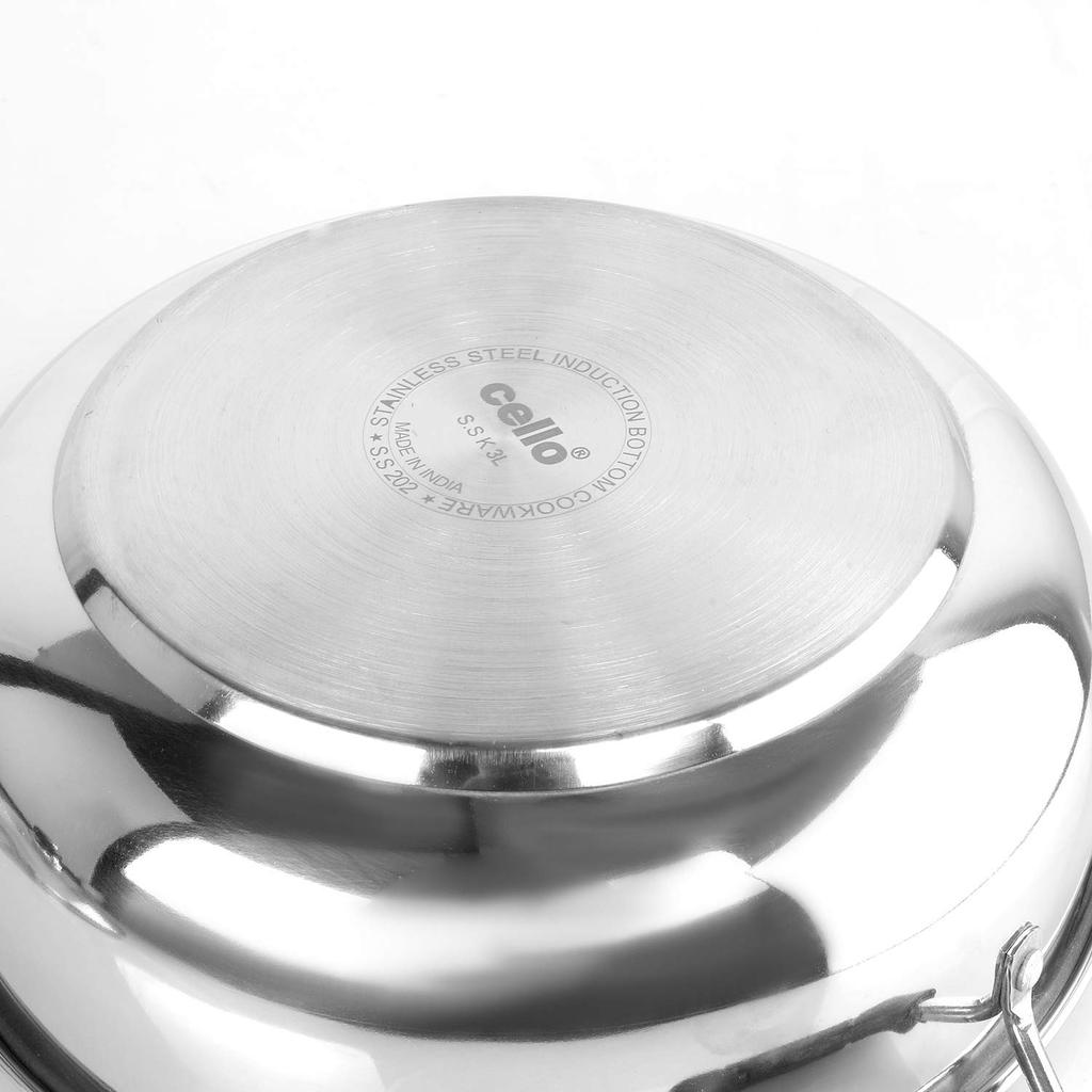 Cello Stainless Steel Induction Kadhai For Gas & Smooth Cooking | 3L Mirror Finish Deep Pan With Dual Handles