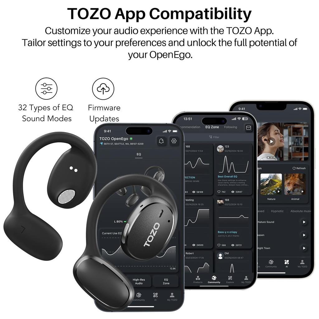 TOZO OpenEgo Wireless Open-Ear Headphones, 5.3" Bluetooth Sport Earphones with Digital Display and Ear Hooks for Long Playtime, Dual Mic for Clear