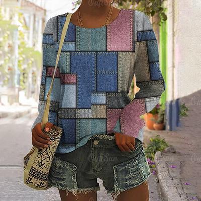 T-shirt da donna vintage con stampa patchwork autunnale a girocollo Harajuku a maniche lunghe pullover femminile oversize abbigliamento da donna